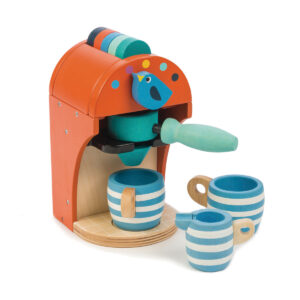 Tender Leaf Jeux de Rôle: MACHINE À EXPRESSO 11,8x11x19cm, avec porte-dosette, 5 dosettes de boisson colorées, 2 tasses à café et un pot à lait, en bois, en boîte 18,6x11,6x19,8cm, 3+