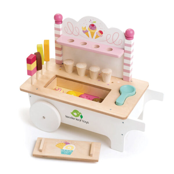 Tender Leaf Jeux de Rôle: CHARIOT DE CRÈME GLACÉE 37,5x19,3x31cm, chariot à pousser avec couvercle amovible, avec 4 sucettes glacées, 4 cornets, 4 boules  de glace aimantées et cuillère à glace, en bois, en boîte 19,8x14,2x38,5cm, 3+