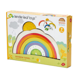 Tender Leaf Premier Âge: PUZZLE TUNNEL ARC EN CIEL 21x3x13,3cm, jouet tunnel en 7 pièces qui s'empilent comme un véritable arc-en-ciel, en bois, en boîte  19x3,5x26,4cm, 18m+