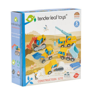 Tender Leaf Transport: VOITURES DE CONSTRUCTION 17x15,5x7cm, set de camion grue, excavatrice, compacteur, camion à benne basculante et chargeur frontal, en bois, en boîte 20x6,9x21cm, 3+
