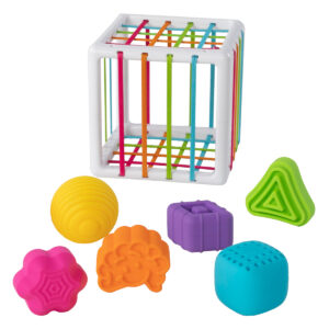 Fat Brain Toys: INNY BIN, avec 6 blocks de forme, en plastique ABS et bandes élastiques, en blister, 10m+