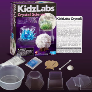 4M KidzLabs: SCIENCE DU CRYSTAL, contient 1 sachet de la composition de base du cristal blanc, 1 sachet de graine colorée (bleu), cloche transparente carrée et hexagonale, conteneur, cuillère, ... et des instructions détaillées, boîte 17x22x6cm, 14+