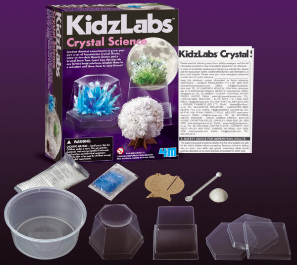 4M KidzLabs: SCIENCE DU CRYSTAL, contient 1 sachet de la composition de base du cristal blanc, 1 sachet de graine colorée (bleu), cloche transparente carrée et hexagonale, conteneur, cuillère, ... et des instructions détaillées, boîte 17x22x6cm, 14+