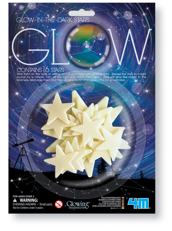 4M Phosphorescent PACK: ETOILES 3 TAILLES contient 16 pcs. (2x11cm + 2x8cm + 12x5cm), en blister 25x18cm, avec autocollant double face