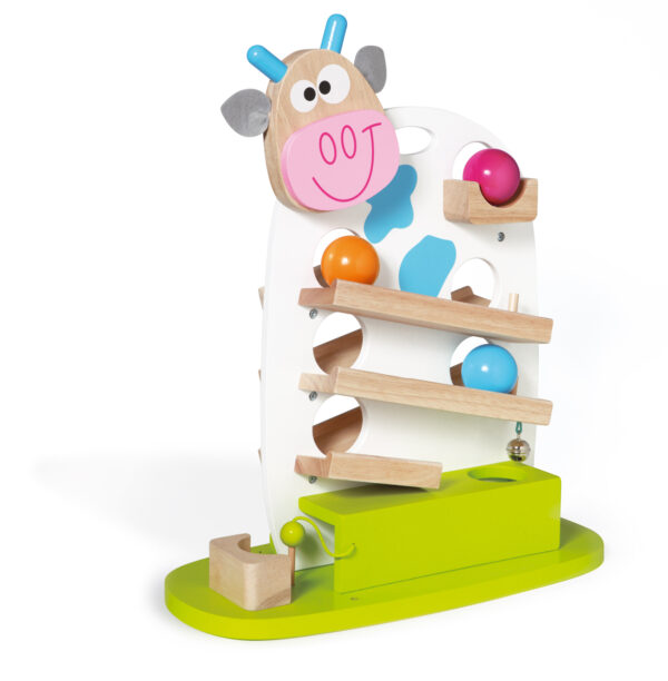 Scratch Preschool: CIRCUIT A BALLES VACHE Marie 38x46x17,5cm, avec 3 balles colorées, avec grelot, en boîte, 18m+