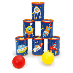 Scratch Classics: CHAMBOULE-TOUT Big Bang, avec 6 boîtes en fer-blanc diam.7x9.3cm et 2 balles en plastique diam.6cm, en boîte, 3+