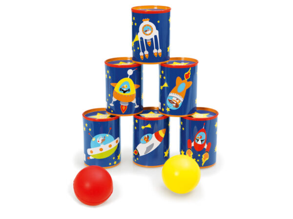 Scratch Classics: CHAMBOULE-TOUT Big Bang, avec 6 boîtes en fer-blanc diam.7x9.3cm et 2 balles en plastique diam.6cm, en boîte, 3+
